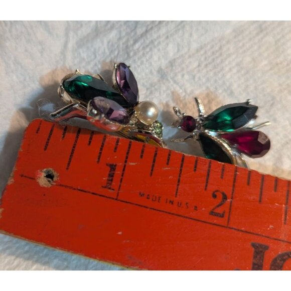 Vintage Bug-Inspired Rhinestone Brooch Set  Silver-Tone Purple Green Jewel Accen - Picture 10 of 10